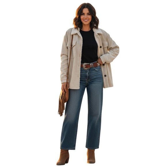 Corduroy Sherpa Lined Oversized Shacket Jacket M Button Up Soft Outerwear Beige - Picture 1 of 11